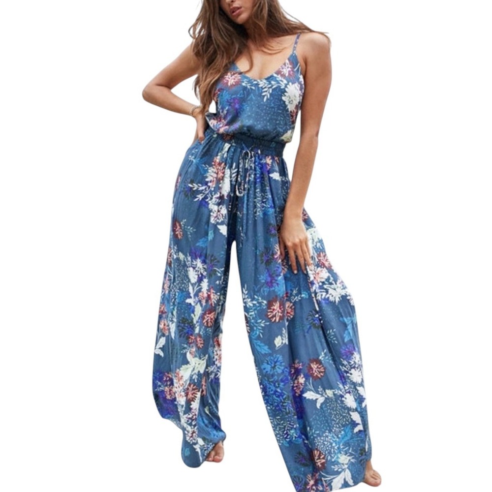 JASSE Anthropologie Blue Boho Floral Wide Leg Jumpsuit Size L NWT
